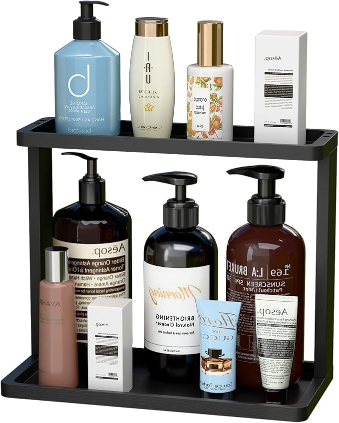 PEKER Bamboo Bathroom Organizer Countertop Ã¢ÂÂ Small Vanity Storage Shelf for Makeup, Perfume, Skincare Ã¢ÂÂ Natural Cosmetics Display Rack for Dresser, Sink, Kitchen Ã¢ÂÂBlack
