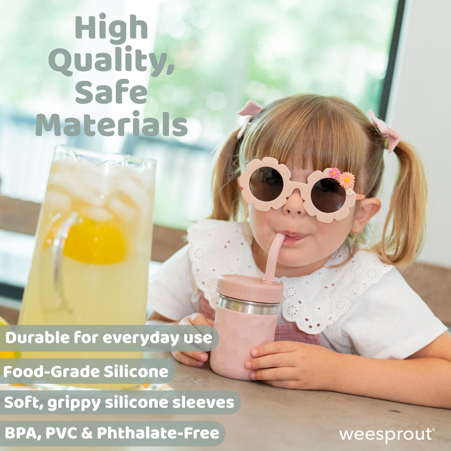 WeeSprout 2-in-1 Drinking Cups for Kids, Durable Stainless Steel Tumbler for Smoothies, Silicone Straws with Stoppers, Premium Plastic Twist Lids, Easy-Grip Sleeves, Set of 4 Dishwasher Safe Kid Cups