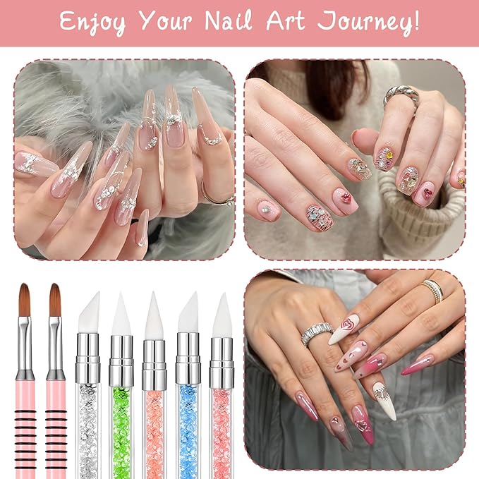 7Pcs Nail Art Brush Set, Dual Tipped Silicone Nail Tools, Nail Art Sculpture Pen, Rhinestone Nail Polish Carving Pen, 3D Nail Art Flower Brush, Acrylic Nail Brush, Nail Art Tools for Home Salon