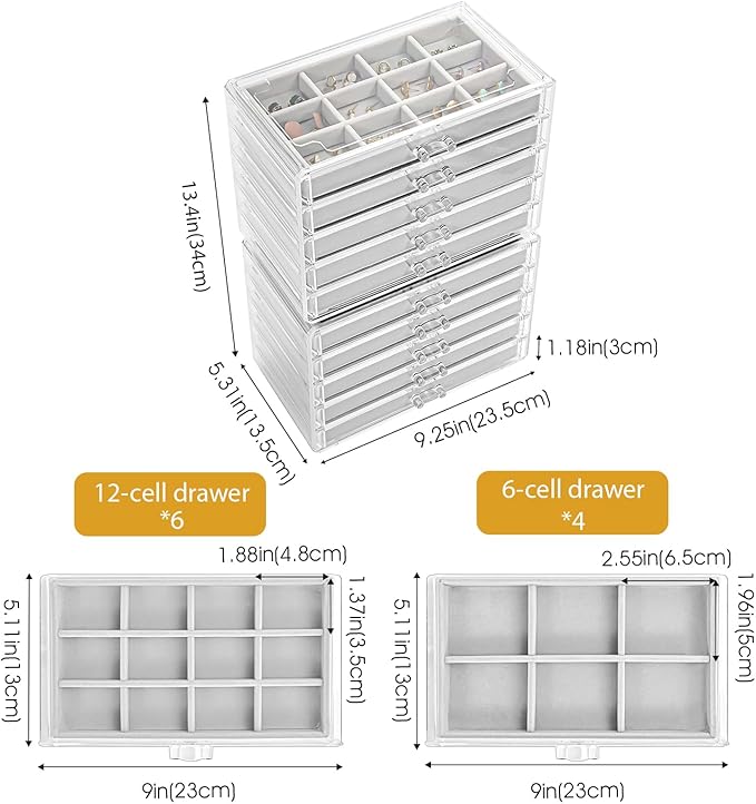 ProCase Earring Holder Organizer Jewelry Box with 10 Drawers, Acrylic Clear Earring Case with Adjustable Velvet Trays for Women - Grey, 10 Layers
