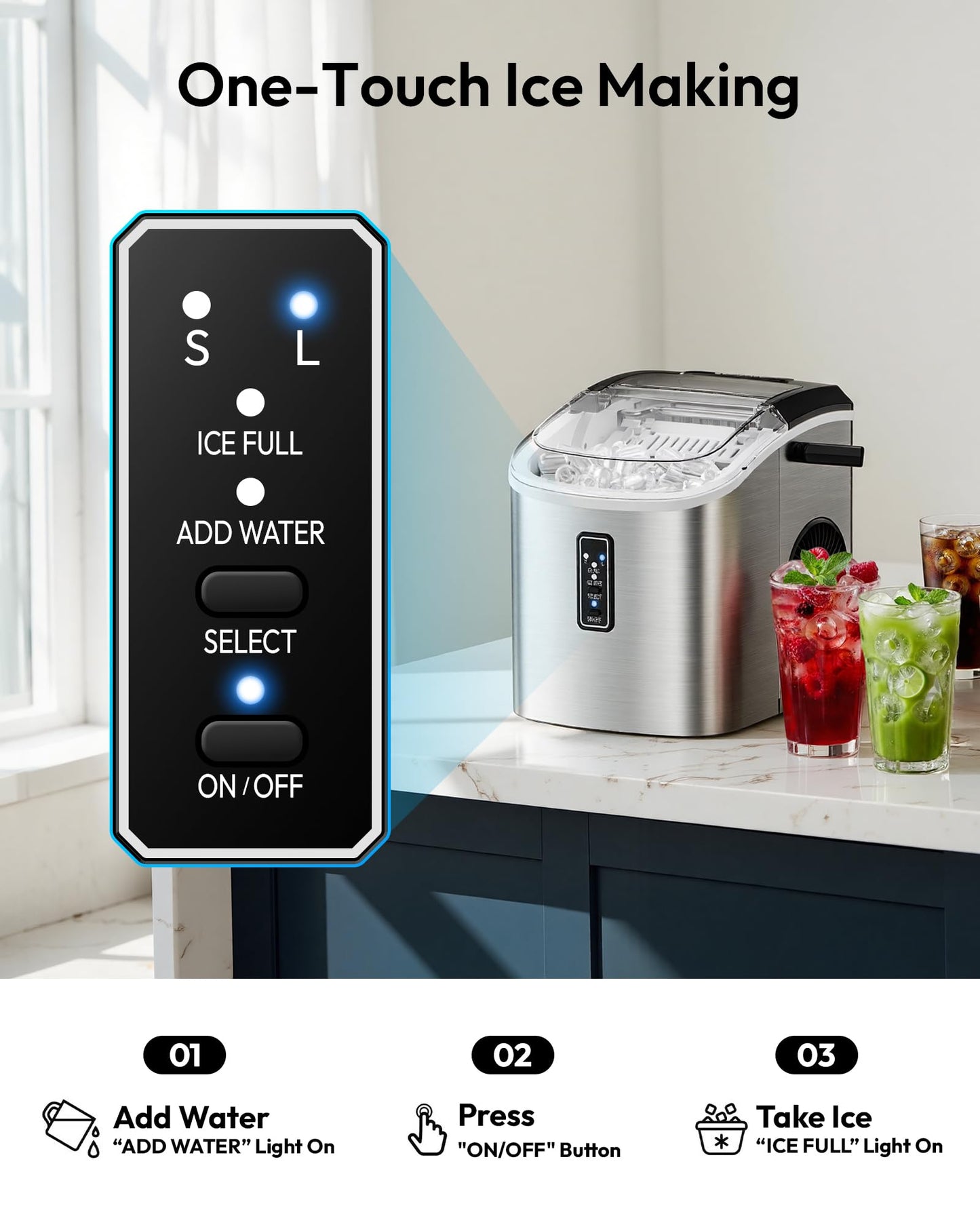 EUHOMY Ice Maker Countertop, 9 Cubes Ready in 6 Mins, 26lbs/24H, Self-Cleaning, Portable Ice Maker Machine with Carry Handle, Basket and Scoop, 2 Sizes of Bullet Ice for Home, Kitchen, Office