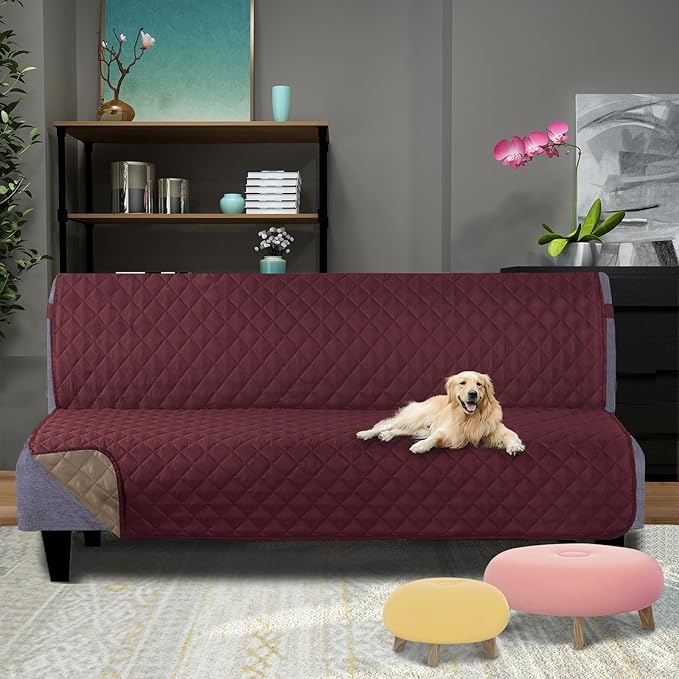 U-NICE HOME Futon Sofa Covers Reversible Sofa Slipcover Armless Cover Furniture Protector Couch Cover Water Resistant (Futon, Burgundy/Tan)