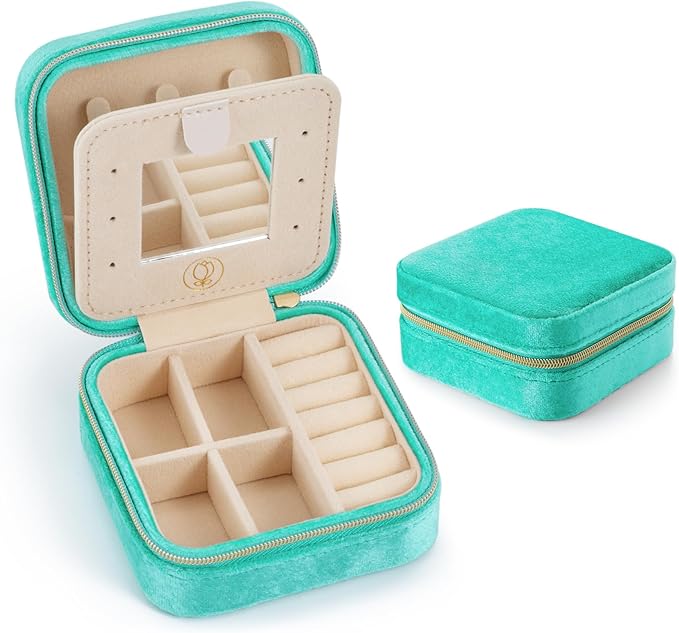 Plush Velvet Jewelry Travel Case,Small Jewelry Box,Traveling Jewelry Organizer, Portable Jewellery Storage Holder for Rings Earrings Necklace Bracelet, for Girls Women | CyanBlue-With Mirror