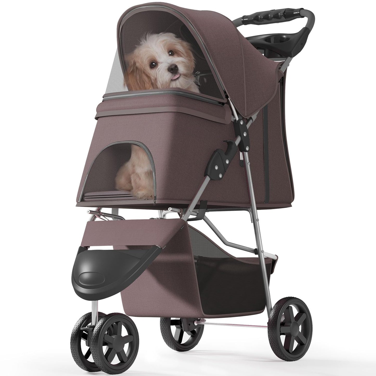 OS MOTOR Pet Stroller with 3 Wheels for Small/Medium Pets, Portable Travel Foldable Carrier Jogger for Dog Cat Puppy Kitty, Rear Wheel Breaks, Storage Basket, Visible Mesh with Weather Cover (Coffee)