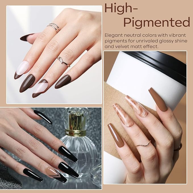 modelones Gel Nail Polish Set, 6 Colors Chocolate Brown Black Nude Glitter Gel Polish Kit Neutral Soak Off Nail Art Salon Design French Manicure DIY at Home Gifts for Women Girls