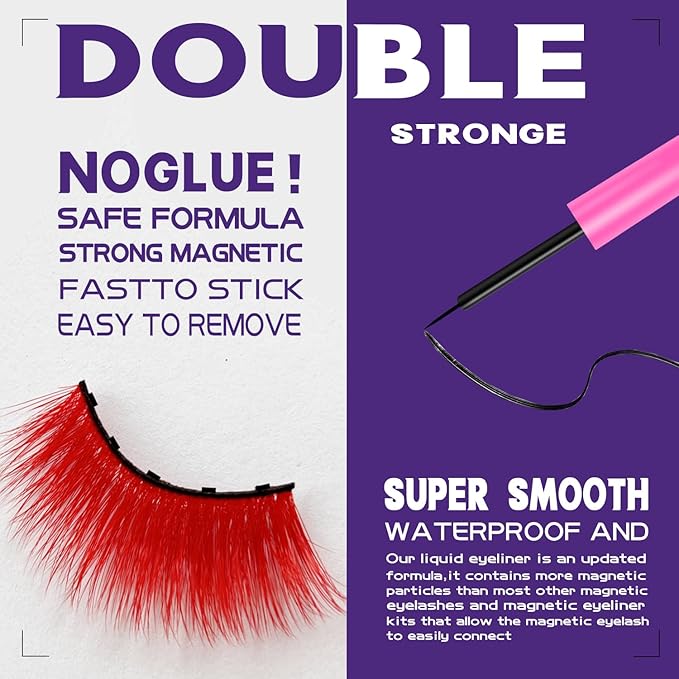 Color Magnetic Eyelashes Colored Eyelashes for Halloween Party Cosplay Makeup Kit,10 Pairs Magnetic Cat Eye Lashes with Eyeliner, Full Volume Red Look 18-23MM Fake Eyelash Cruelty-Free