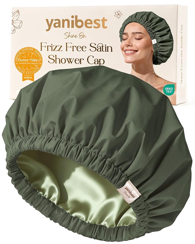 Yanibest Satin Lined Shower Cap for Women Reusable Waterproof, Frizz Free & Large Bath Cap with Soft Elastic Band, Luxury Hair Protection Caps (Green)