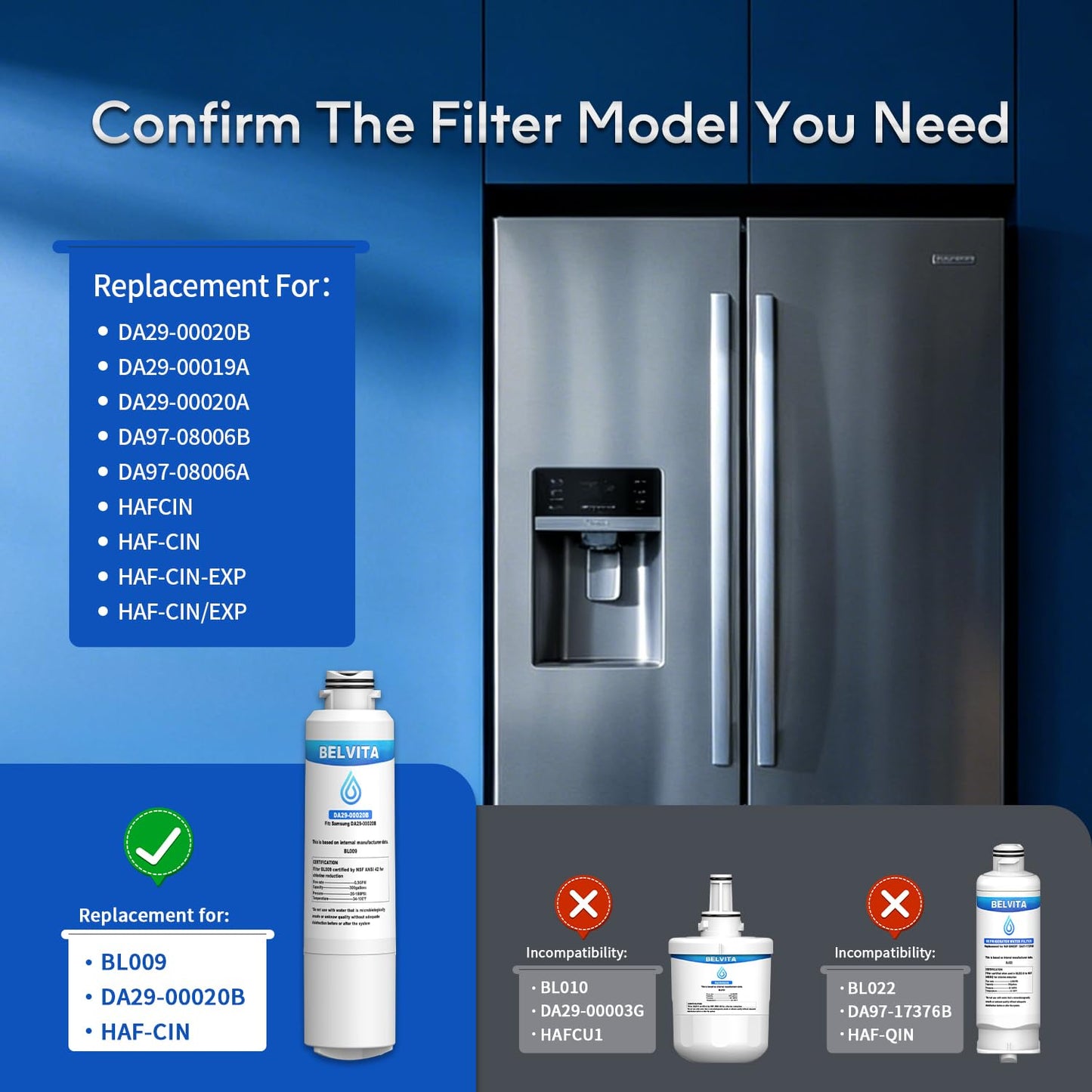 BELVITA Refrigerator Water Filter, Compatible with DA29-00020A/B, DA29-00020B-1，HAF-CIN/EXP, RF28HFEDBSR, RF263BEAESR, RF263TEAESG, RF28HDEDBSR, HAF-CIN, RF4287HARS,RF4267HARS, 3 Pack