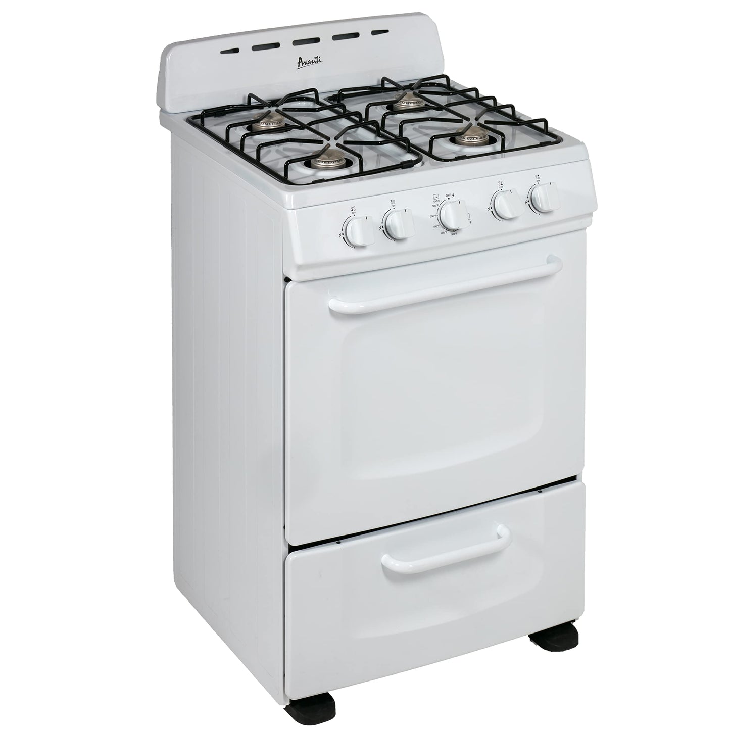 Avanti Gas Range Oven, Compact Freestanding Design, 2.6-Cu.Ft. Capacity 4 Sealed Burners with Electronic Ignition, Includes Broiler Storage Drawer and Accessories, 24-Inch, White