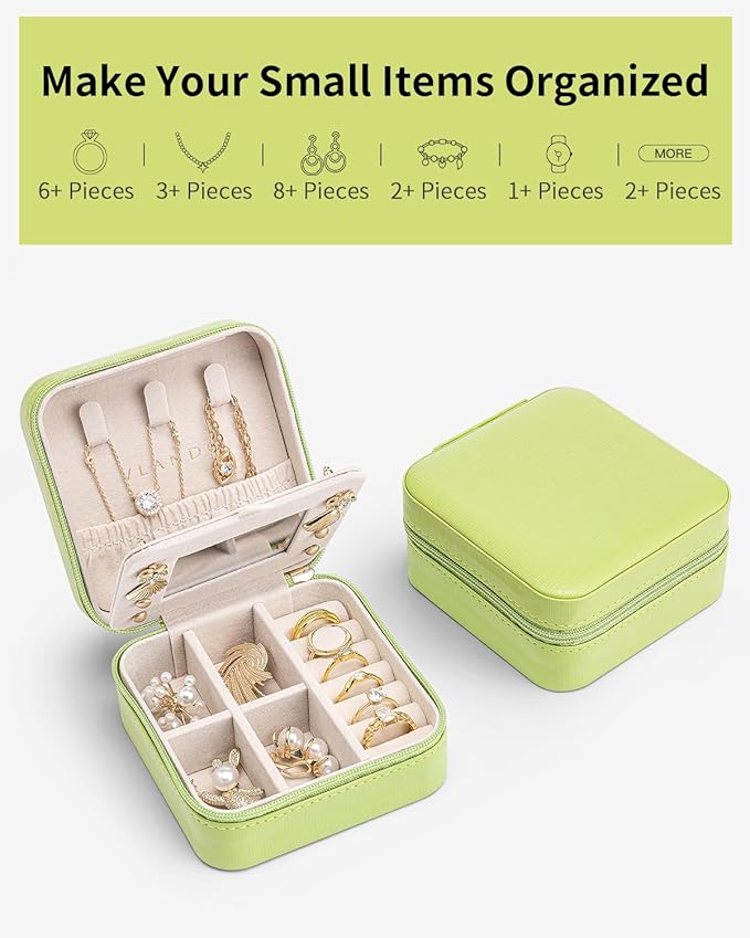 VLANDO Small Travel Jewelry Box Organizer - Girls Women Gift Rings Earrings Necklaces Jewelry Storage Display Case with Mirror Green
