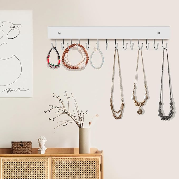 Necklace Holder Wall Mounted Jewelry Organizer - 2 Pack Wooden with 28 Hooks, Hanging Earring & Ring Bracelet Storage, Decorative Space-Saving Jewelry Display (White)