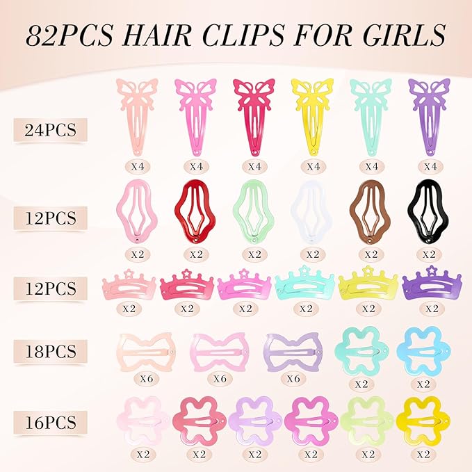 obeoby 82 Pcs 5 Styles Colorful Hair Clips for Girls, Metal Snap Cute Butterflies Flowers Pattern Barrettes for Girls Baby Toddlers Hair Accessories Stocking Stuffers Christmas Gifts