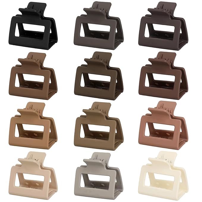 2 Inch Medium Hair Claw Clips 12 Pcs Square Hair Claw Clips for Thin Hair Matte Nonslip Acrylic Banana Jaw Clips Bulk Hair Accessories for women and Girls (Brown)