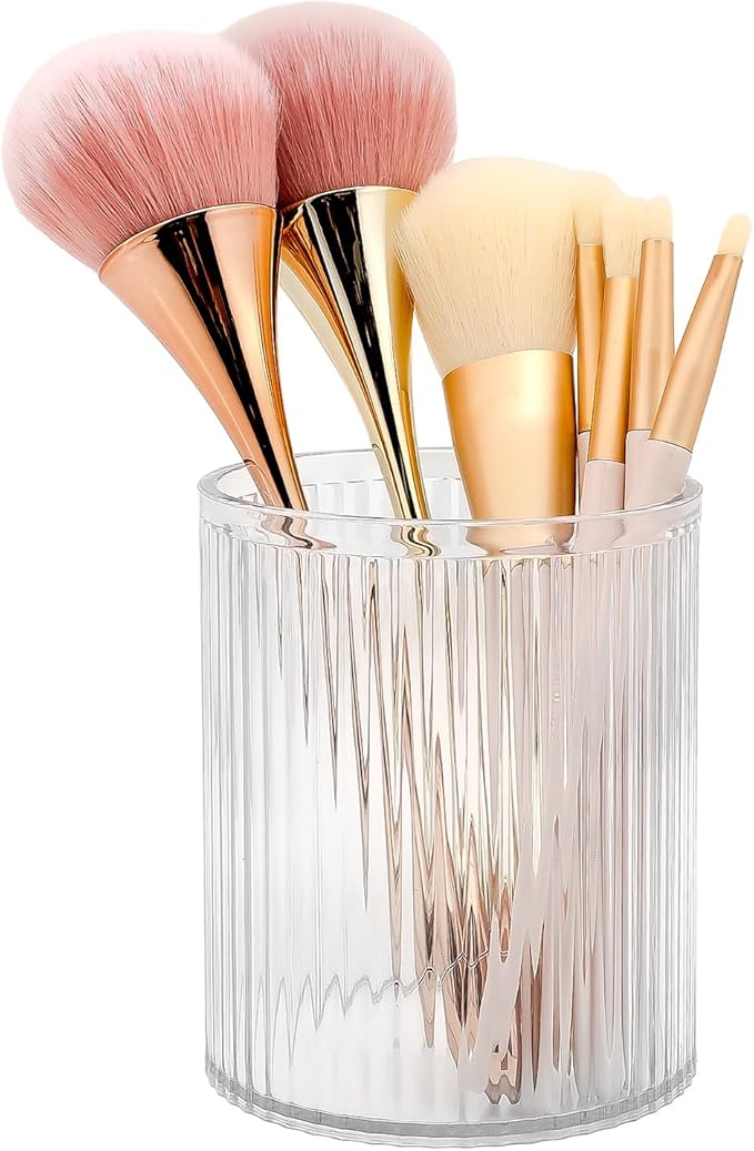 DASITON Makeup Brush Holder Organizer, Acrylic Makeup Brush Cup, Vintage Striped Make Up Brush Holder for Vanity, Bathroom Countertop, Toothbrush Holders, Pen Holder for Desk Storage (Clear)