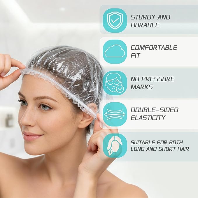 100 Pcs Disposable Shower Caps for Women & Men, Plastic Shower Cap Waterproof & Durable, Clear Large Plastic Hair Caps for Deep Conditioning, Hair Treatment, Travel Essentials Accessories