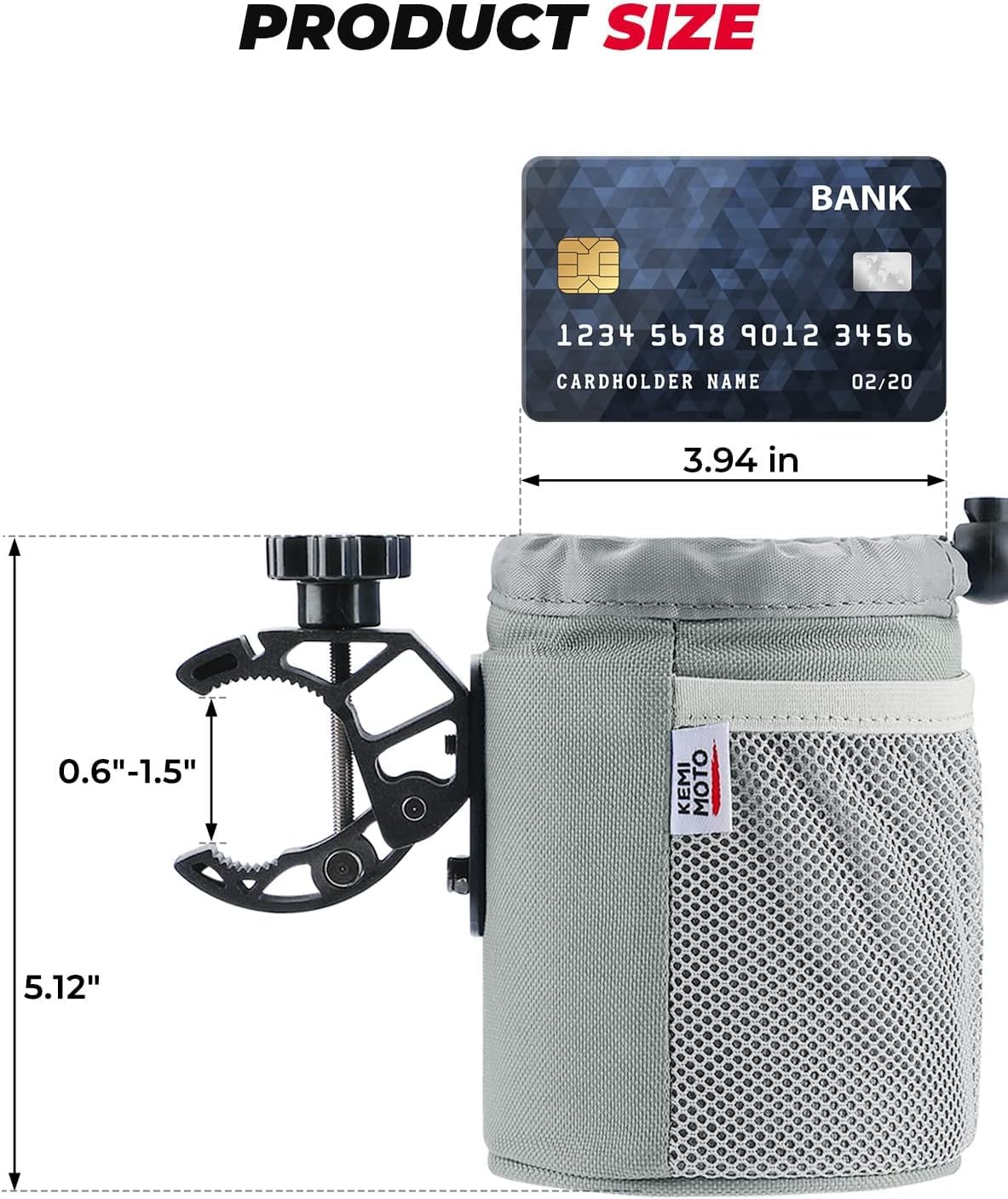 KEMIMOTO Motorcycle Cup Holder, Oxford Fabric Motorcycle Drink Holder with 0.6"-1.5" Alligator Clamp, Universal Water Bottle Cup Accessories for Bike, ATV/UTV, Scooter, Boat, Walker, Gray