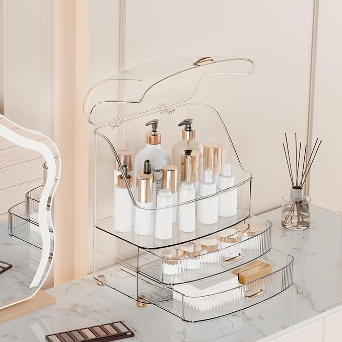 Makeup Organizer Countertop Vanity with Transparent Lid Drawers Waterproof Dustproof Cosmetic Skincare Bathroom Storage Gift for Women Teens Girls (Clear Whtie)