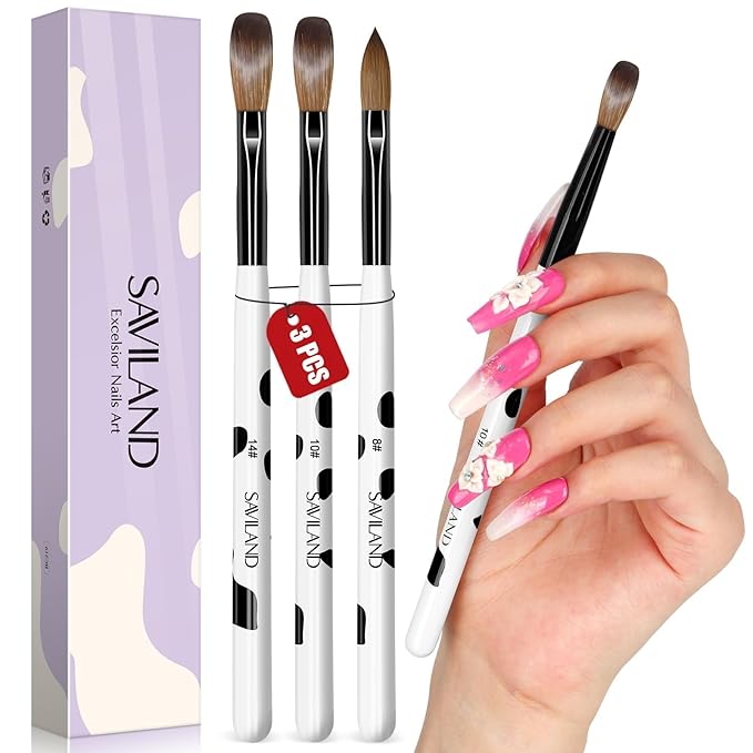 Saviland 3pcs Acrylic Nail Brush Set, Size 8/10/14 Kolinsky Acrylic Nail Brushes for Acrylics Application, Acrylics Powder Nails Art Extension with Black & White Handle for Beginner & Professional