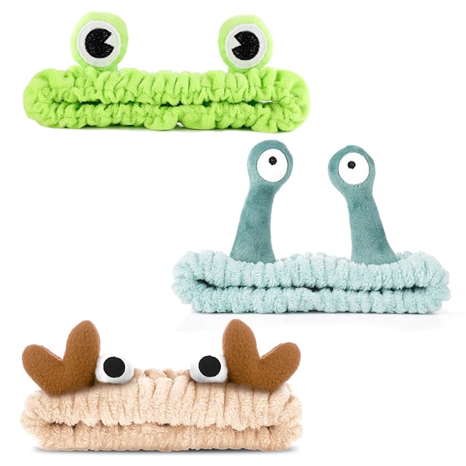 3 Pack Spa Headband Face Wash Hairband Facial Makeup Head Wraps Cartoon Elastic Head Band Cute Frog Snail Crab Shower Headband Creative Hair Accessories for Beauty Skincare Sports