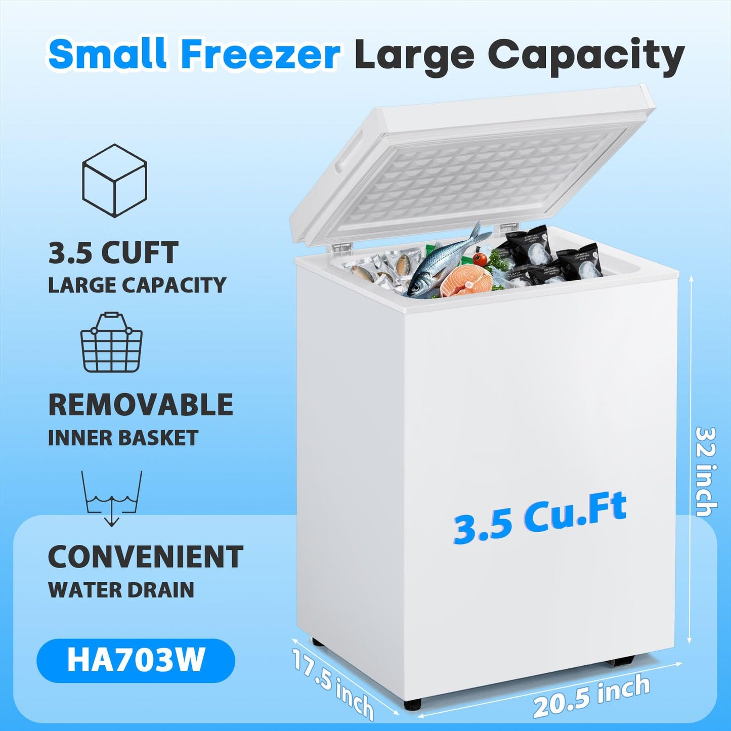 DOGHLY 3.5 Cu.Ft Chest Freezer, Small Deep Freezer with 7 Adjustable Temperature Levels, Mini Freezer for Office Garage Apartment, Compact Food Storage Small Freezer Chest, White