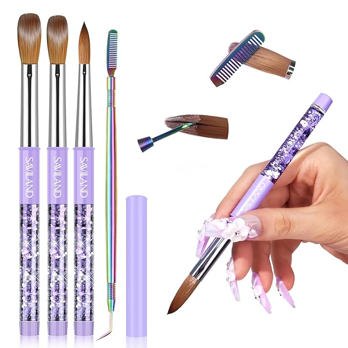 SAVILAND Kolinsky Acrylic Nail Brush Set: Size 6,10,14 Professional Nail Brushes Cleaner Manicure Tool for Acrylics Application Acrylic Powder Nails Extension 3D Carving for Nails Art DIY
