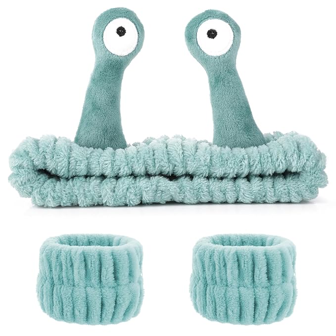Spa Headband Face Wash Wristband Set Makeup Head Band Snail Coral Fleece Hair Band Skincare Hairband Elastic Creative Cartoon Head Wraps Cute Hair Accessories for Women Girls (Green)