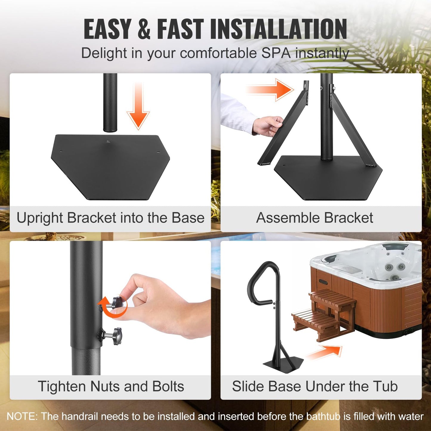 VEVOR Hot Tub Handrail, 360 Rotatable Spa Side Handrail with 35"-57" Adjustable Height, Rust-Proof Aluminum Spa Hot Tub Hand Rail with Slide-Under Mount Base for Indoor & Outdoor, 600LBS Capacity