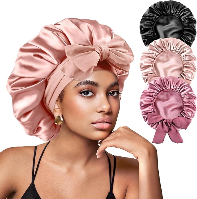 Yanideer 3 pcs Adjustable Satin Bonnets for Sleeping Double Layer Satin Lined Hair Bonnet with Tie Band for Women Curly Hair