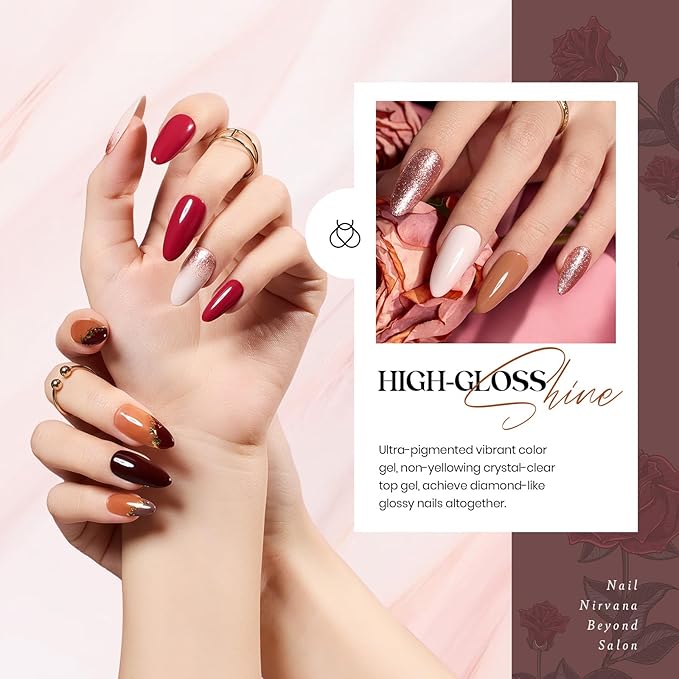 Beetles Gel Nail Polish Set, 23Pcs Brown Burgundy Red Nude Pink Gel Polish Set with Base Top Coat Verse of Roses Kit, Soak off Uv Gel Golden Glitter Holiday Nail Gift for Women