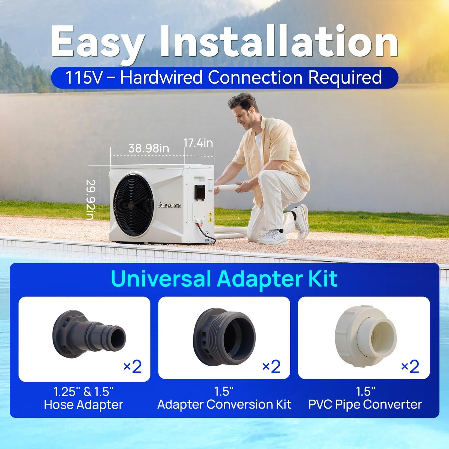 AQUASTRONG Inverter Swimming Pool Heat Pump,Pool Heater for Above Ground and Inground Pool Heating Smart WiFi Control and Cooling Pool Heater Pools Up to, 16000 Gallons