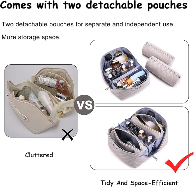 BOYATU Travel Makeup Bag Organizer Cosmetic Bag: 3 Pcs Set Make up Bags for Women with Handle - Waterproof Vegan Leather Toiletry Bags Travel Essentials Pouch with Compartments (03-A-Gray)