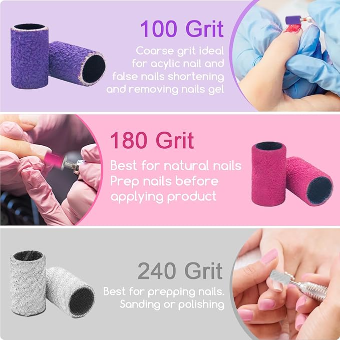 Nail Drill Sanding Bands Set - 300pcs Coarse & Fine Grit Bands (100#180#240#) with 3/32' Mandrel Bits for Manicure