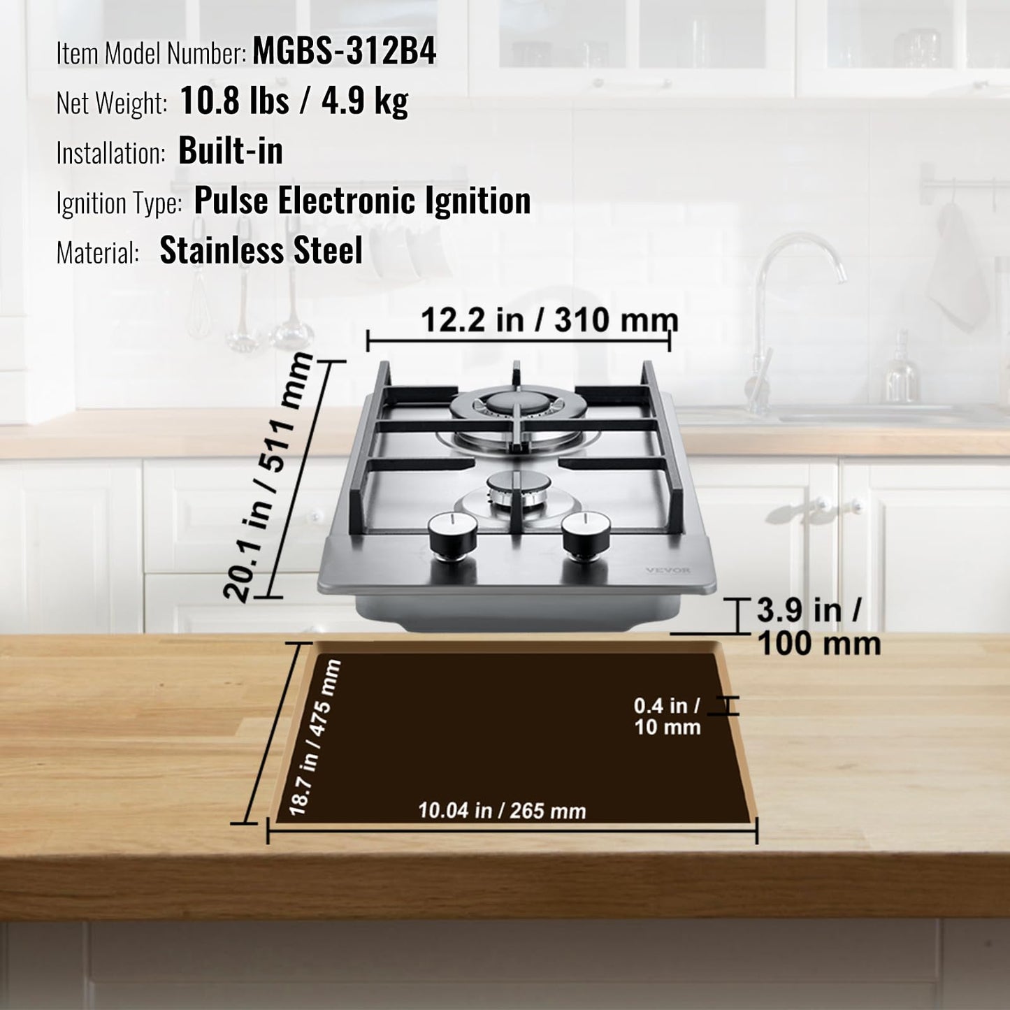 VEVOR Gas Cooktop 12 inch, Max 12250BTU 2 Burners Built-in Stainless Steel Gas Stove Top, LPG/NG Convertible Dual Fuel Natural Gas Hob with Thermocouple Protection for Outdoor, Kitchen, Camping, RV
