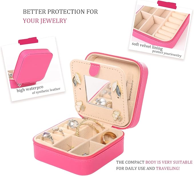 KElofoN Jewelry Case and Box - Small Travel Jewelry Organizer for Girls & Women with Mirror (Rosy-5)