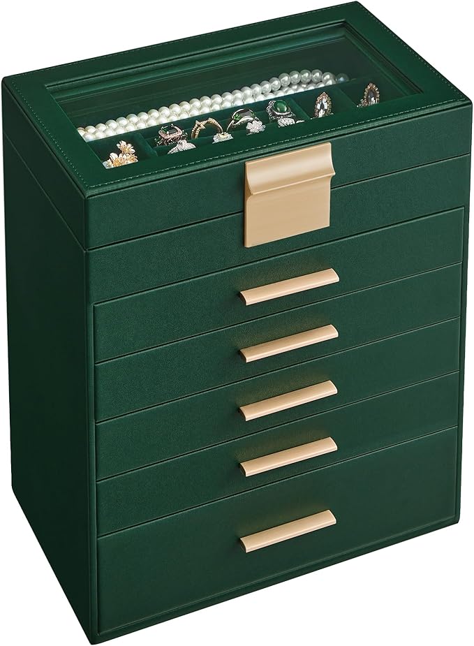 SONGMICS GISELLA Collection - Jewelry Box Organizer, 6-Layer Jewelry Storage with 5 Drawers, Shiny Metal Hardware, Glass Lid, Modern, 6.4 x 9.9 x 11.4 Inches, Forest Green and Gold Color UJBC171C01