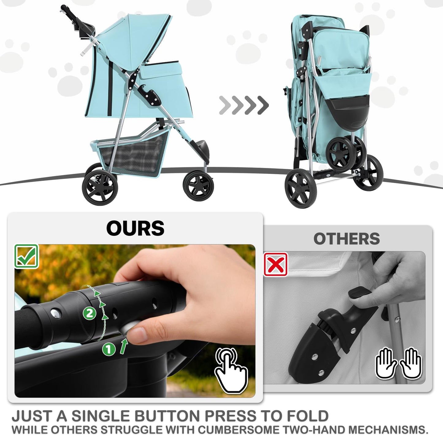 MoNiBloom 3 Wheels Pet Dog Cat Stroller for Small Medium Dogs Cats, Lightweight Foldable Jogger Stroller w/Storage Basket and Cup Holder, Mint Green