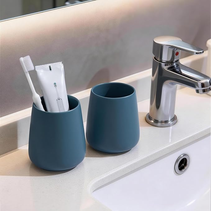 Blue Toothbrush Holder for Bathroom - 2Pcs Ceramic Tooth Brushing Holders Set, Toothbrush Cup & Toothpaste Organizer for Bathroom Countertop, Makeup Brush Holder, Pen Holder for Home Desktop Storage