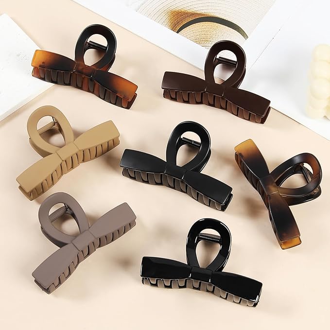 Fashion Bow Hair Claw Clips, 7 Pack 4.1 Inches Non-Slip Large Hair Clips for Women, Matte Tortoiseshell and Neutral Colors Hair Bows for Thick Thin Hair