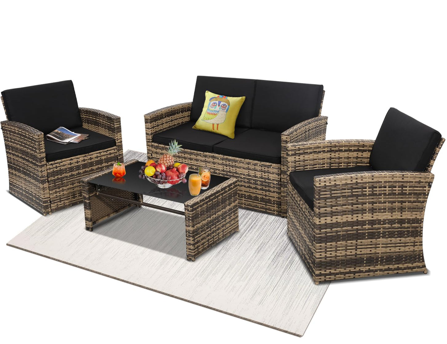 KROFEM 4-Piece Patio Furniture Set, Wicker Outdoor Rattan Sectional Sofa with Cushions and Glass Table, All-Weather Outdoor Conversation Set for Garden, Porch, Backyard, Patio, Black