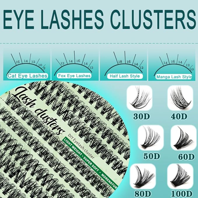 Wispy Lash Clusters 640pcs Eyelash Cluster Extensions 60D+80D Curl Individual False Eyelashes 9-16mm Natural Fluffy Mink Lash Clusters Extension Kit