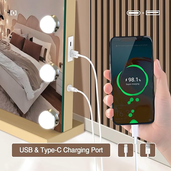 Vanity Mirror with Lights, 31.5" x 23.6" Large Makeup Mirror with LED Lights, Smart Touch Dimmable 3-Color Light, Memory Function, USB Charging Port Gold
