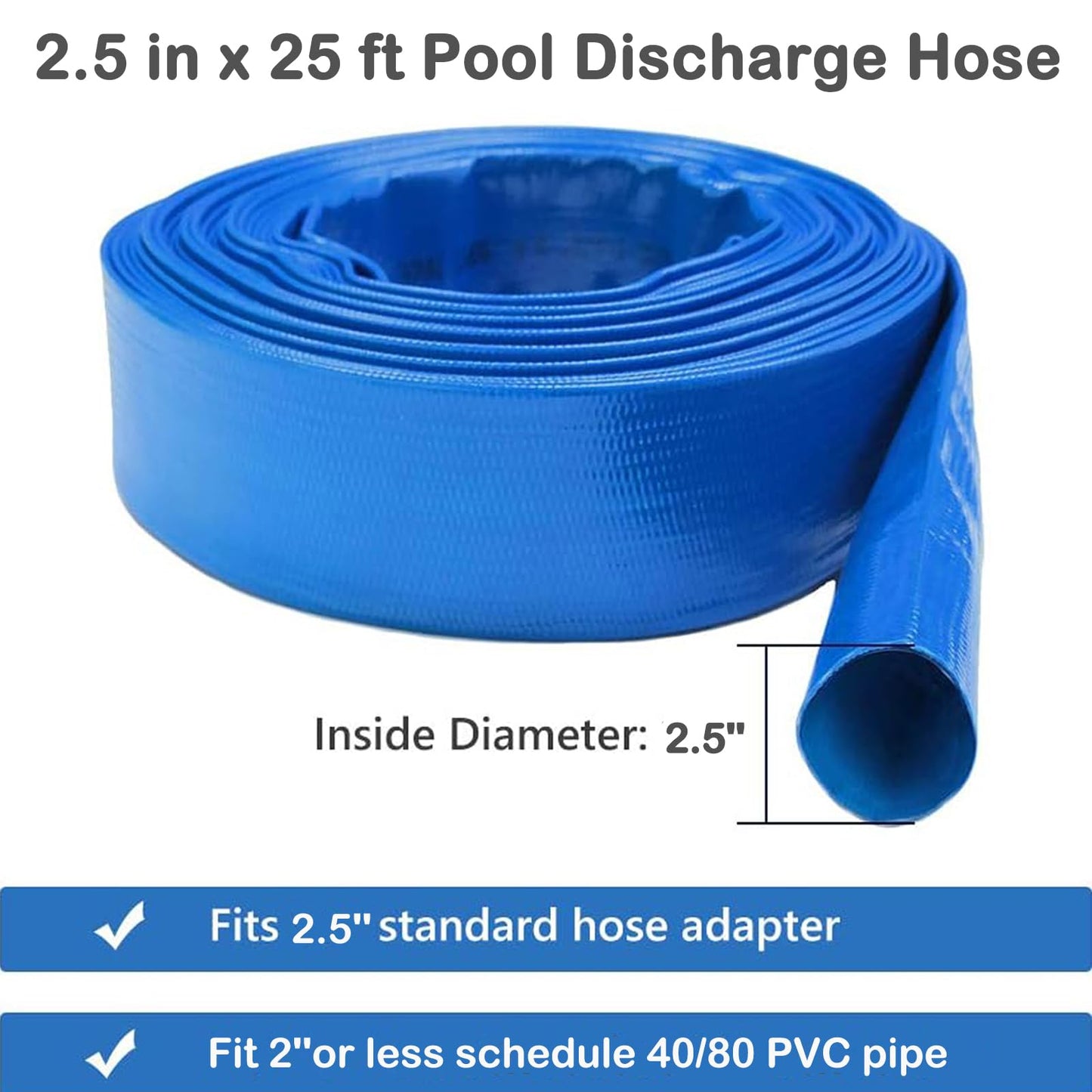 Eastrans 2.5" x 25 FT Blue PVC Lay-Flat Backwash Hose for Swimming Pools, Heavy Duty Discharge Hose Reinforced Pool Drain Hose, Weather Resistant Ideal for Water Transferring