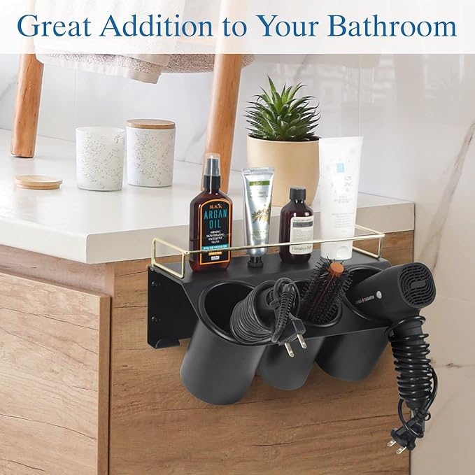 J JACKCUBE DESIGN Hair Dryer Holder Wall Mount Bathroom Vanity Hair Styling Care Tool Accessories 3 Cups Storage Organizer Caddy with Shelf Steel Black Gold- MK1002A (Black)