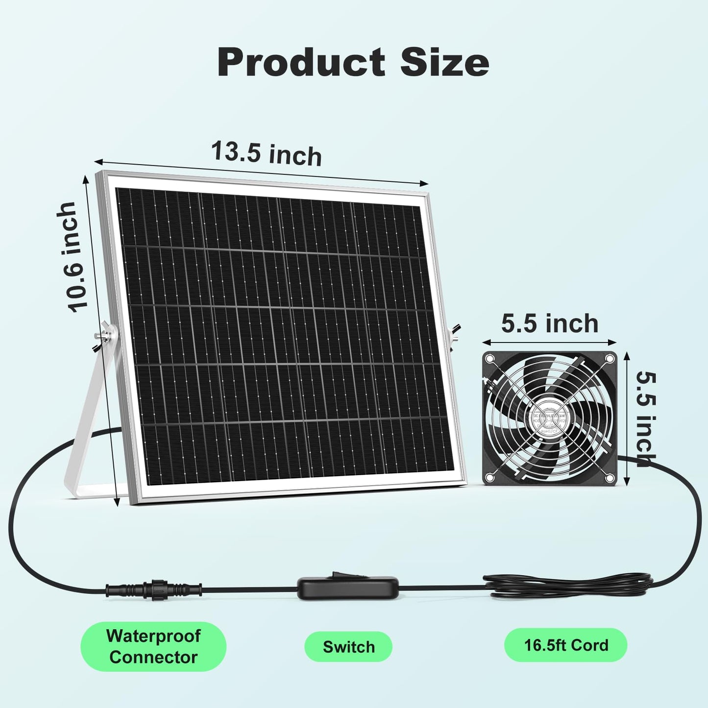 pqins 5.5'' Solar Greenhouse Fan 2 Kit, 30W Solar Powered Exhaust and Intake Chicken Coop Fan, Strong Airflow & Waterproof, 16.5 ft Cord, for Outdoor Shed Doghouse Air Circulation and Ventilation
