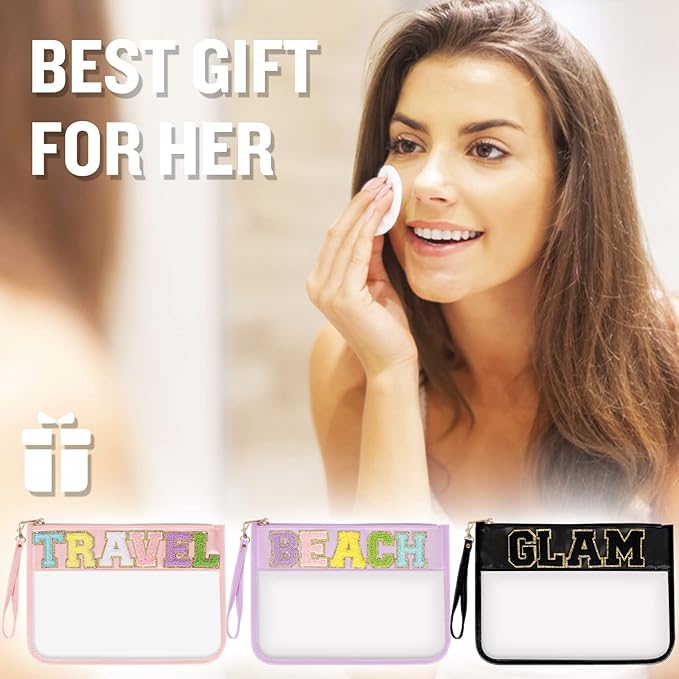 Chenille Letter Clear Travel Bags Purse Pouch, Monogram PVC & PU Clear Zipper Pouch with Wristlet, Waterproof Portable Glitter Snacks Makeup Beach Pouch Toiletry Bag for Women Girls (TRAVEL-Beige)