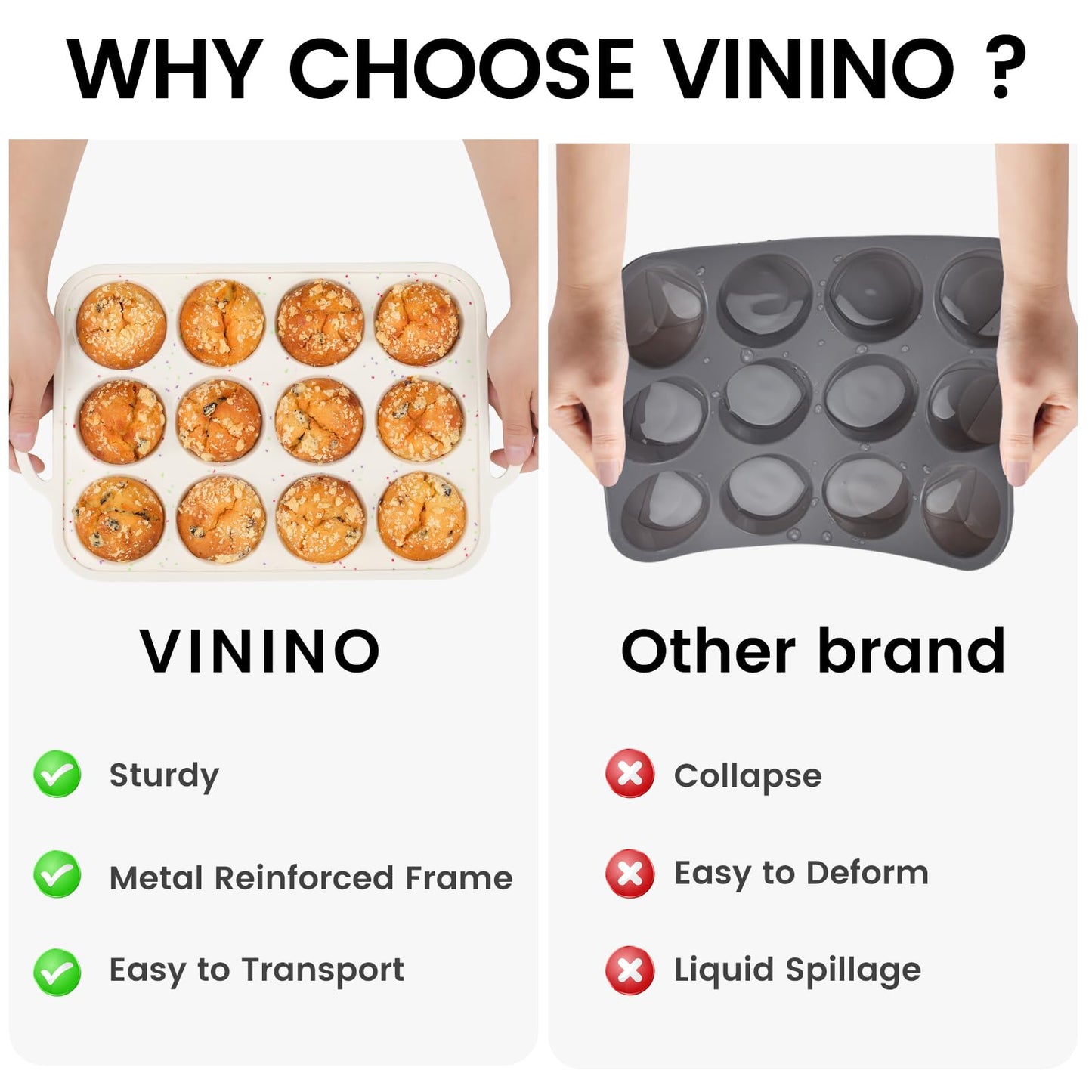 Vinino 2Pack Silicone Muffin Pan for Baking with Metal Reinforced Frame, Regular 12 Cup and Mini 24 Cup Nonstick Cupcake Pan Set, BPA Free Silicone Muffin Tray Molds for Oven Dishwasher Safe