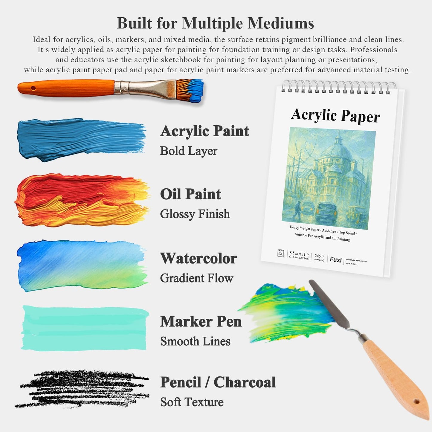 Fuxi Acrylic Sketchbook 8.5x11, 20 Sheets(40page) Paint Paper for Acrylic Painting, 246 lb/ 400gsm Paper for Paint Pens.