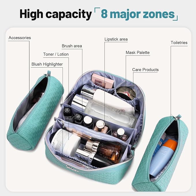 BOYATU Travel Makeup Bag Cosmetic Bags for Women: Large Capacity 3 Pcs Set Make up Bag with Compartments - Waterproof Vegan Leather Toiletry Organizer Bags with Handle (M-75Blue)