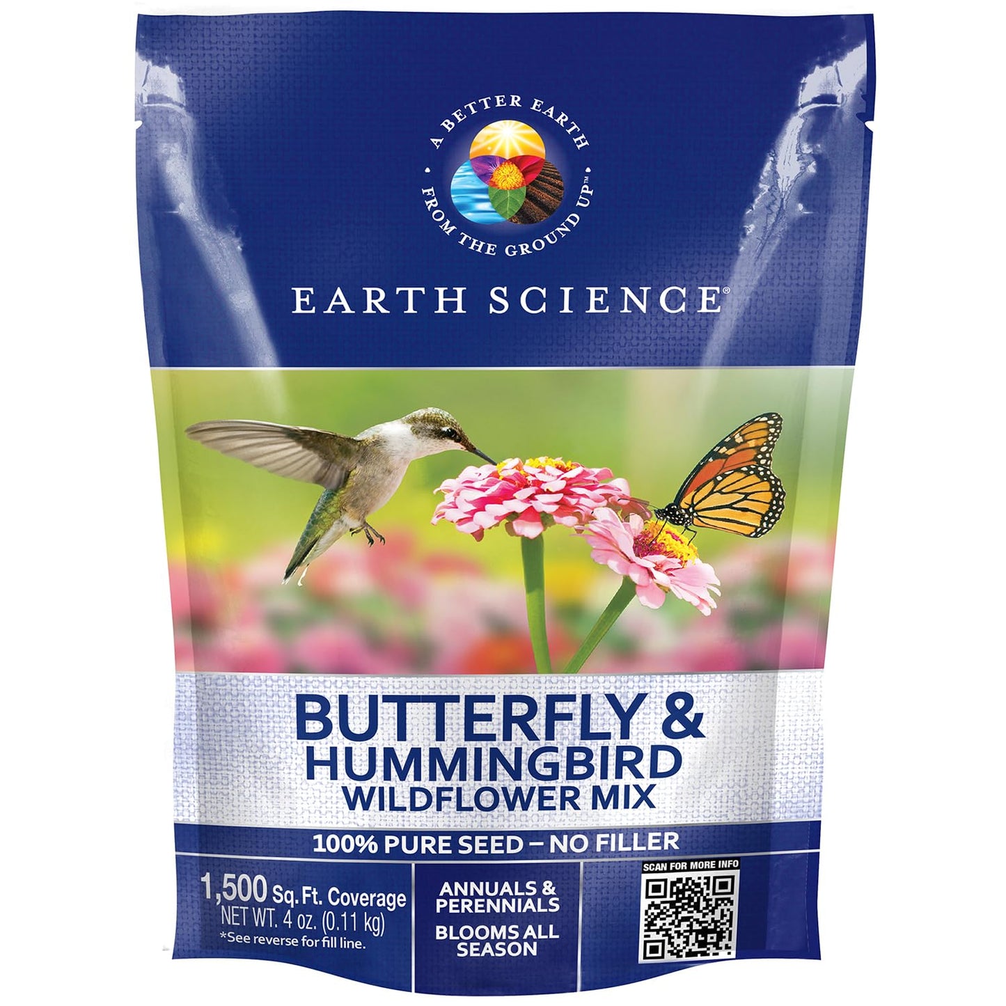 Earth Science Butterfly & Hummingbird Wildflower Seed Blend - 4oz - Premium Flower Seeds to Attract Bees, Butterflies, Hummingbirds & Native Pollinators - Non GMO