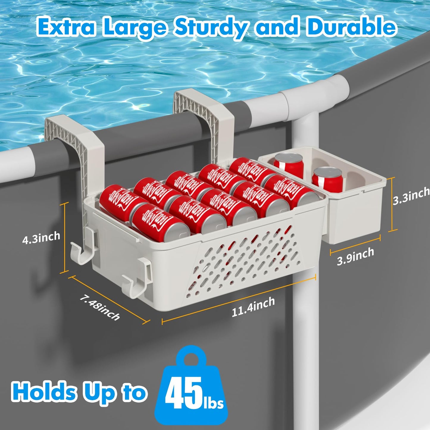 Poolside Storage Basket 2 Pack - Above Ground Pool Accessories, Swimming Pool Storage Baskets with Cup Holders,Fits 3” or Smaller Top Rails,Versatile Organizer for Pool Toys,Towels,Beverages (Beige)